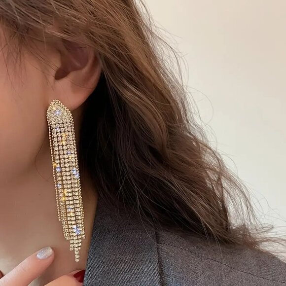 New Luxury Silver and Gold Beaded & Rhinestone Bling Tassel Earrings 3.5" Long - Picture 1 of 8